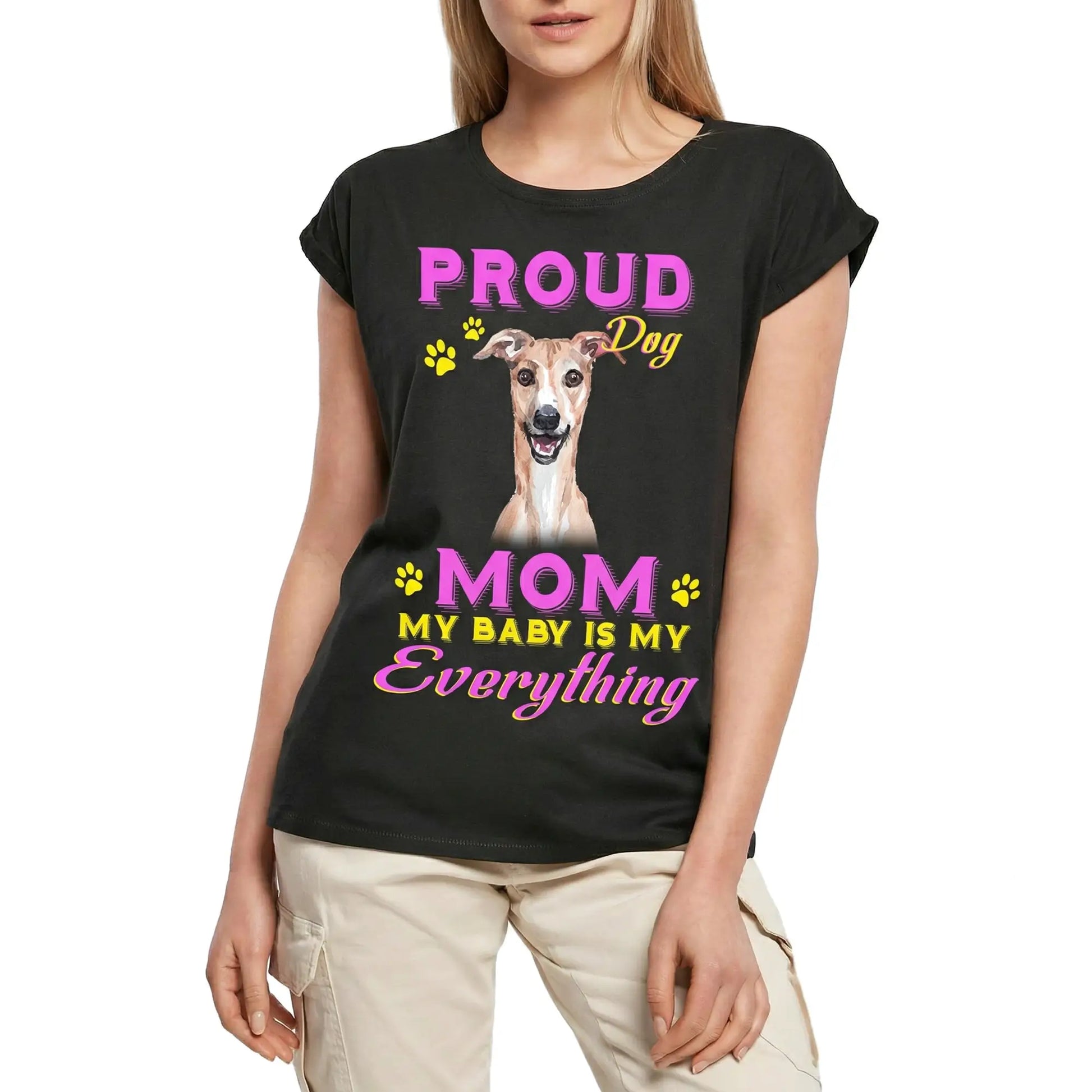 Women's Graphic T-Shirt Proud Day - Whippet Dog Mom - My Baby Is My Everything Ladies Limited Edition Short Sleeve Tee-Shirt Vintage Birthday Gift Novelty