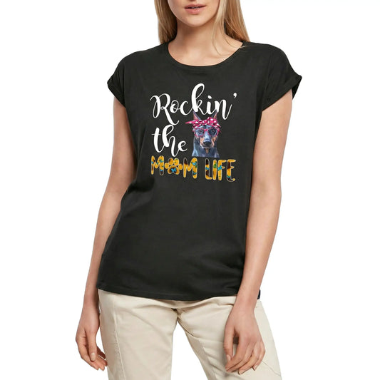 Women's Graphic T-Shirt Doberman, Rockin' The Life, The Mom Life Ladies Limited Edition Short Sleeve Tee-Shirt Vintage Birthday Gift Novelty