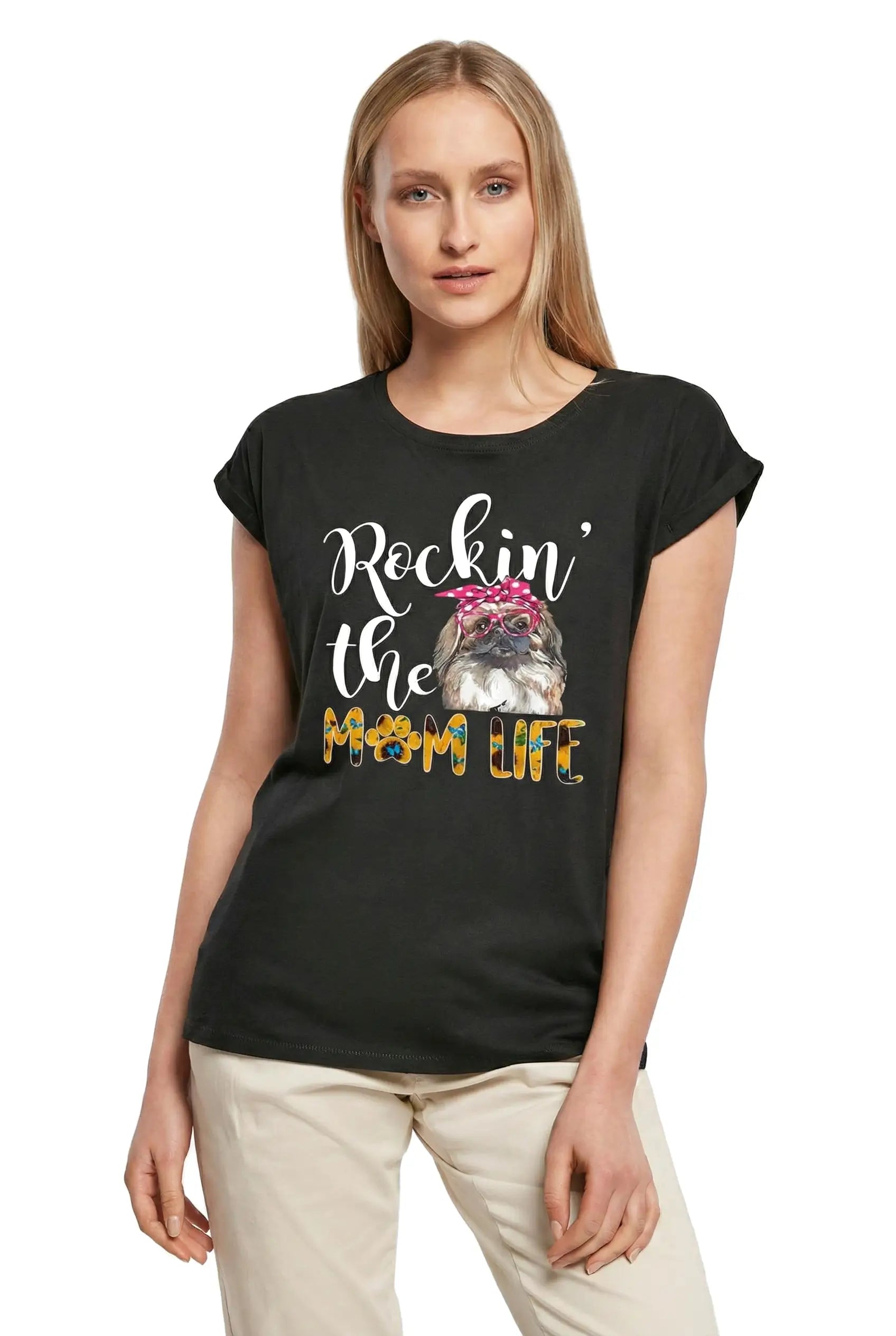 Women's Graphic T-Shirt Pekingese, Rockin' The Life, The Mom Life Ladies Limited Edition Short Sleeve Tee-Shirt Vintage Birthday Gift Novelty