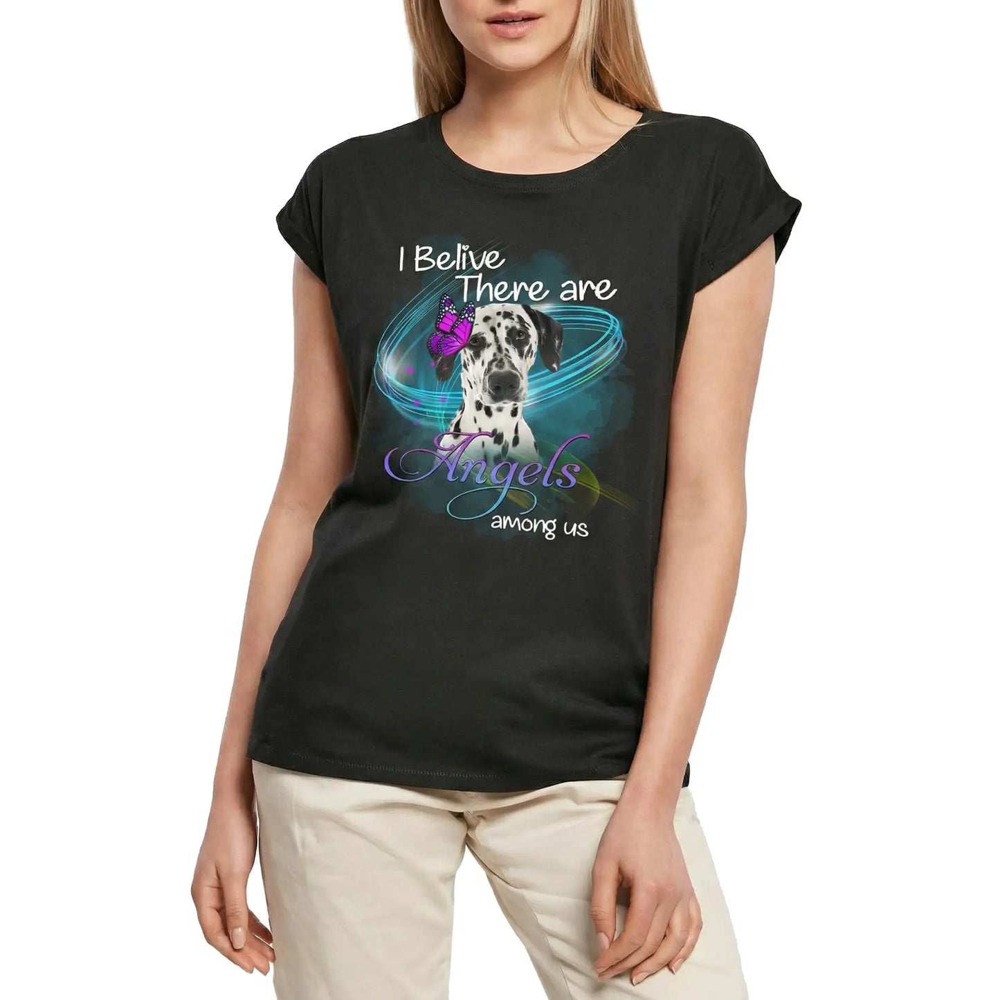 Women's Graphic T-Shirt Dalmatian, I Belive There Are Angels Among Us Ladies Limited Edition Short Sleeve Tee-Shirt Vintage Birthday Gift Novelty
