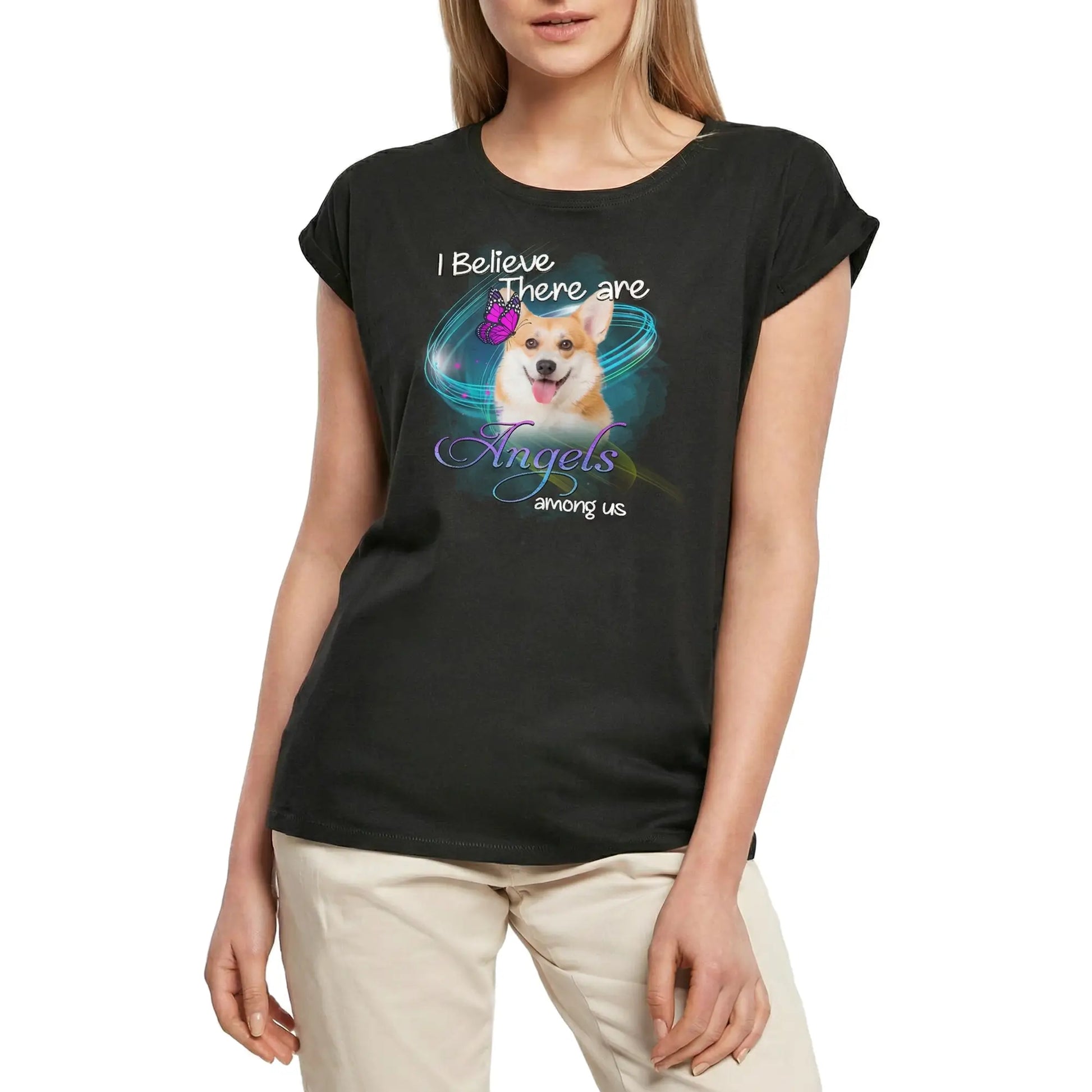 Women's Graphic T-Shirt Pembroke Welsh Corgi, I Belive There Are Angels Among Us Ladies Limited Edition Short Sleeve Tee-Shirt Vintage Birthday Gift Novelty
