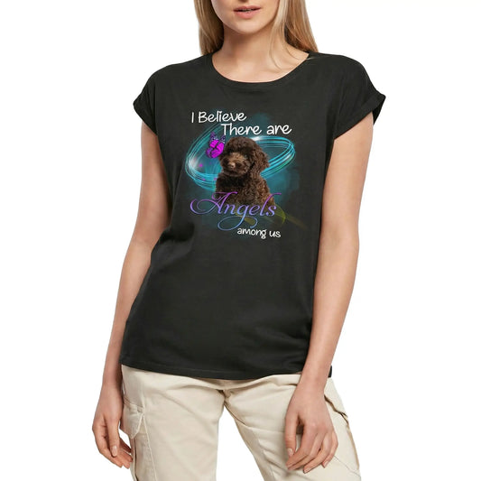 Women's Graphic T-Shirt Poodle, I Belive There Are Angels Among Us Ladies Limited Edition Short Sleeve Tee-Shirt Vintage Birthday Gift Novelty
