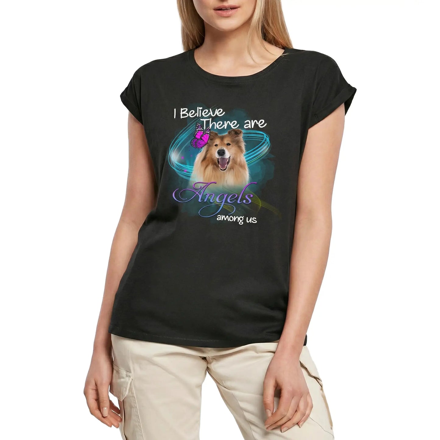Women's Graphic T-Shirt Rough Collie, I Belive There Are Angels Among Us Ladies Limited Edition Short Sleeve Tee-Shirt Vintage Birthday Gift Novelty