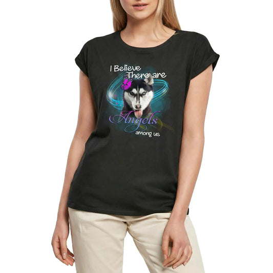 Women's Graphic T-Shirt Siberian Husky, I Belive There Are Angels Among Us Ladies Limited Edition Short Sleeve Tee-Shirt Vintage Birthday Gift Novelty