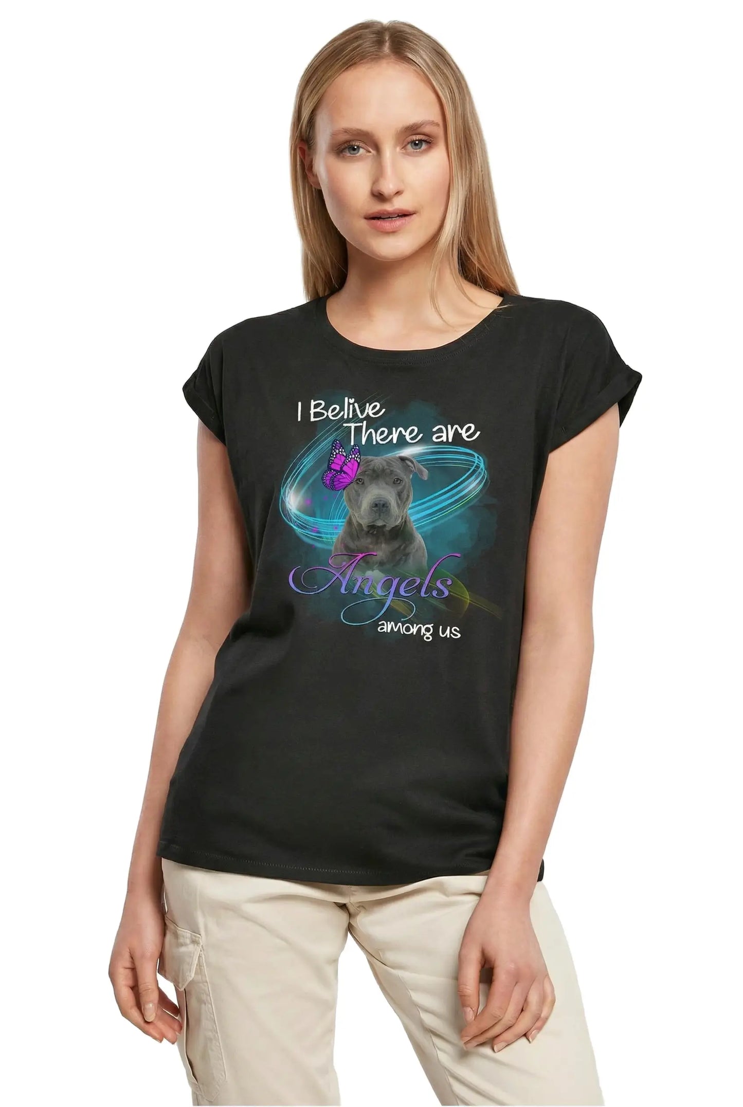 Women's Graphic T-Shirt Staffordshire Bull Terrier, I Belive There Are Angels Among Us Ladies Limited Edition Short Sleeve Tee-Shirt Vintage Birthday Gift Novelty