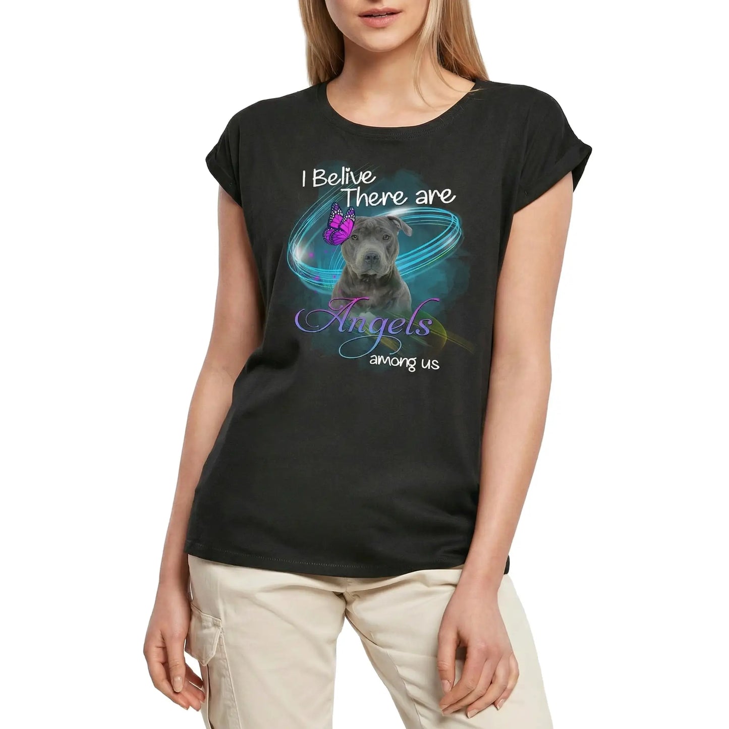 Women's Graphic T-Shirt Staffordshire Bull Terrier, I Belive There Are Angels Among Us Ladies Limited Edition Short Sleeve Tee-Shirt Vintage Birthday Gift Novelty