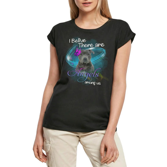Women's Graphic T-Shirt Staffordshire Bull Terrier, I Belive There Are Angels Among Us Ladies Limited Edition Short Sleeve Tee-Shirt Vintage Birthday Gift Novelty