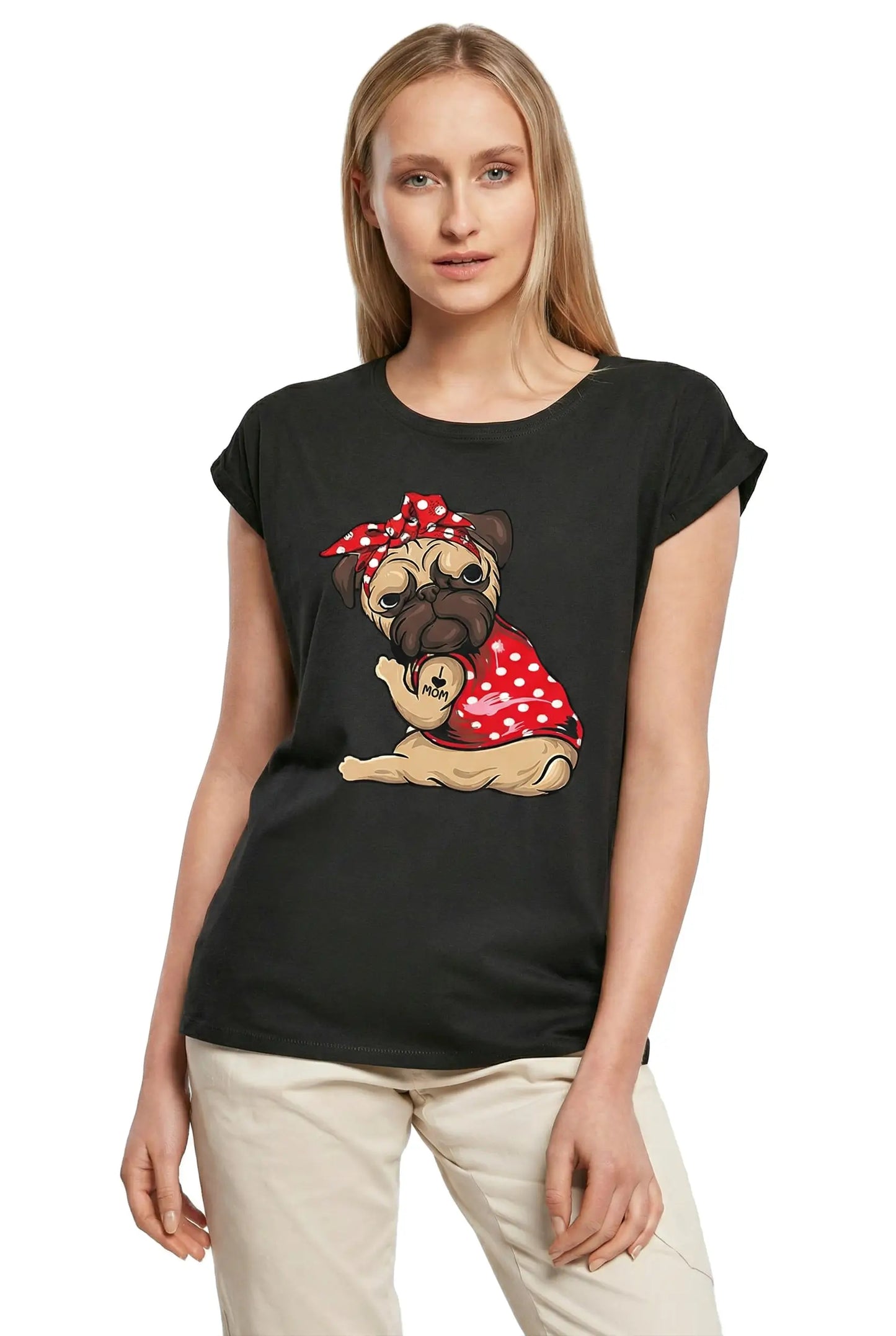 Women's Graphic T-Shirt Pug Love Mom Paw - Puppy Mother Dog Lover Ladies Limited Edition Short Sleeve Tee-Shirt Vintage Birthday Gift Novelty