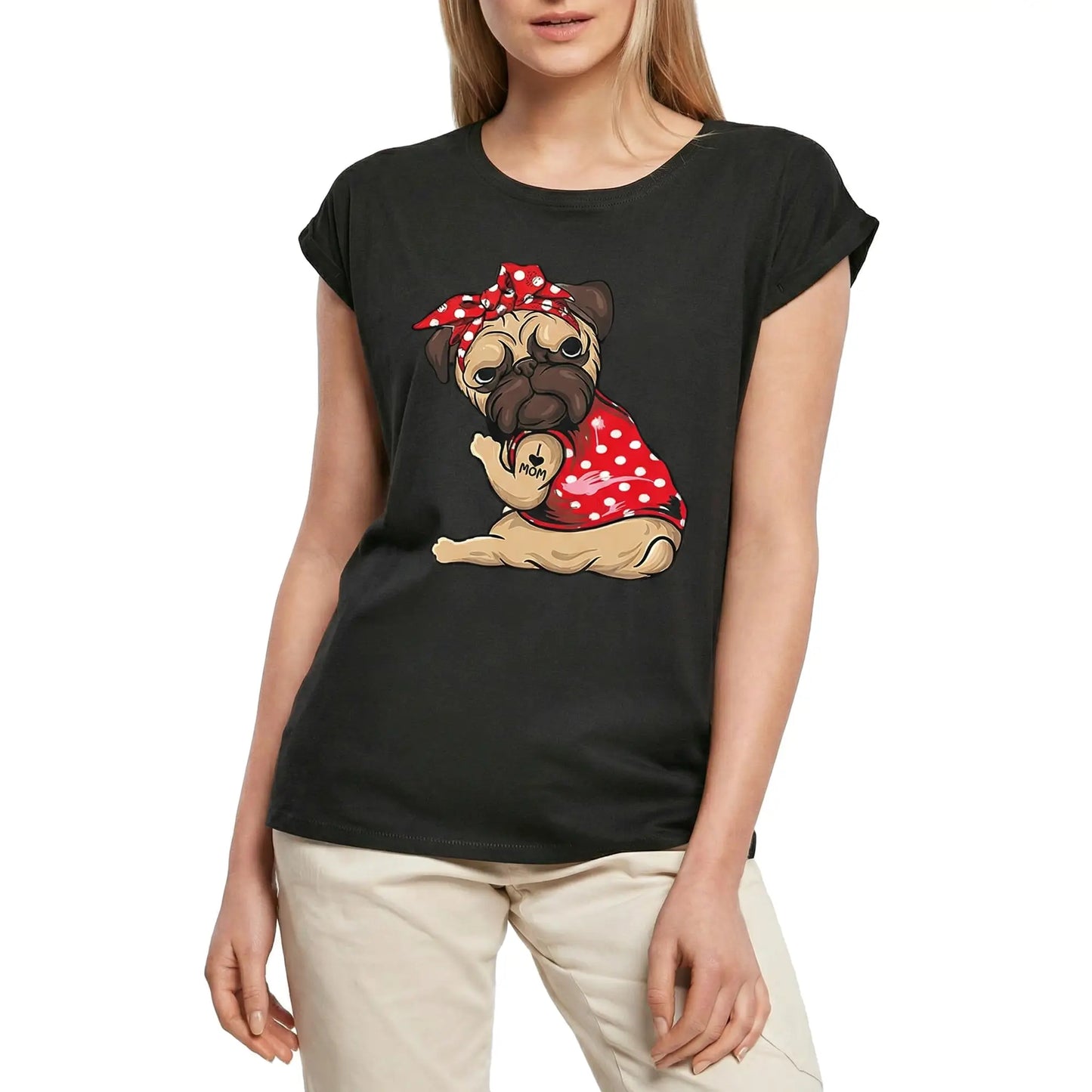 Women's Graphic T-Shirt Pug Love Mom Paw - Puppy Mother Dog Lover Ladies Limited Edition Short Sleeve Tee-Shirt Vintage Birthday Gift Novelty