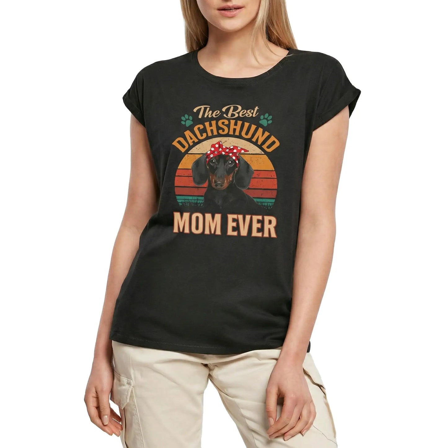 Women's Graphic T-Shirt The Best Dachshund Mom Ever - Retro Sunset Mother Dog Lover Ladies Limited Edition Short Sleeve Tee-Shirt Vintage Birthday Gift Novelty