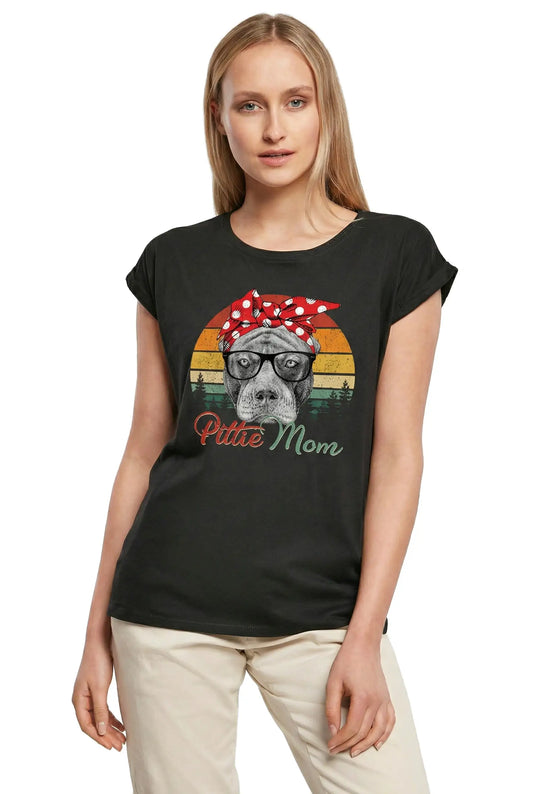 Women's Graphic T-Shirt Pittie Mom Retro Sunset - Cute Pitbull Paw Dog Lover Ladies Limited Edition Short Sleeve Tee-Shirt Vintage Birthday Gift Novelty