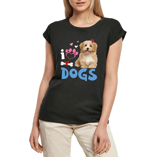 Women's Graphic T-Shirt I Love Fluffy Dogs Paw - Dog Bone Ladies Limited Edition Short Sleeve Tee-Shirt Vintage Birthday Gift Novelty
