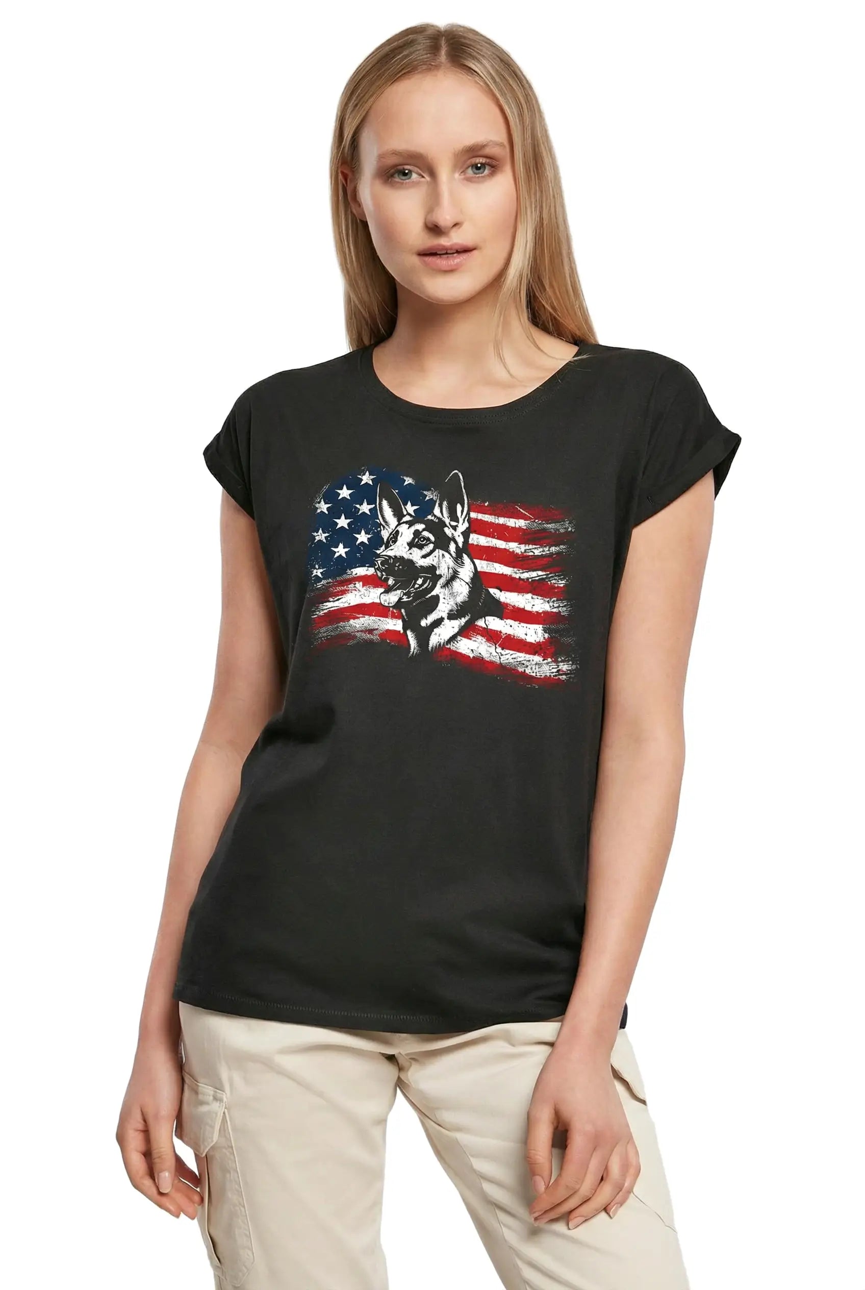 Women's Graphic T-Shirt American Flag German Shepherd Ladies Limited Edition Short Sleeve Tee-Shirt Vintage Birthday Gift Novelty