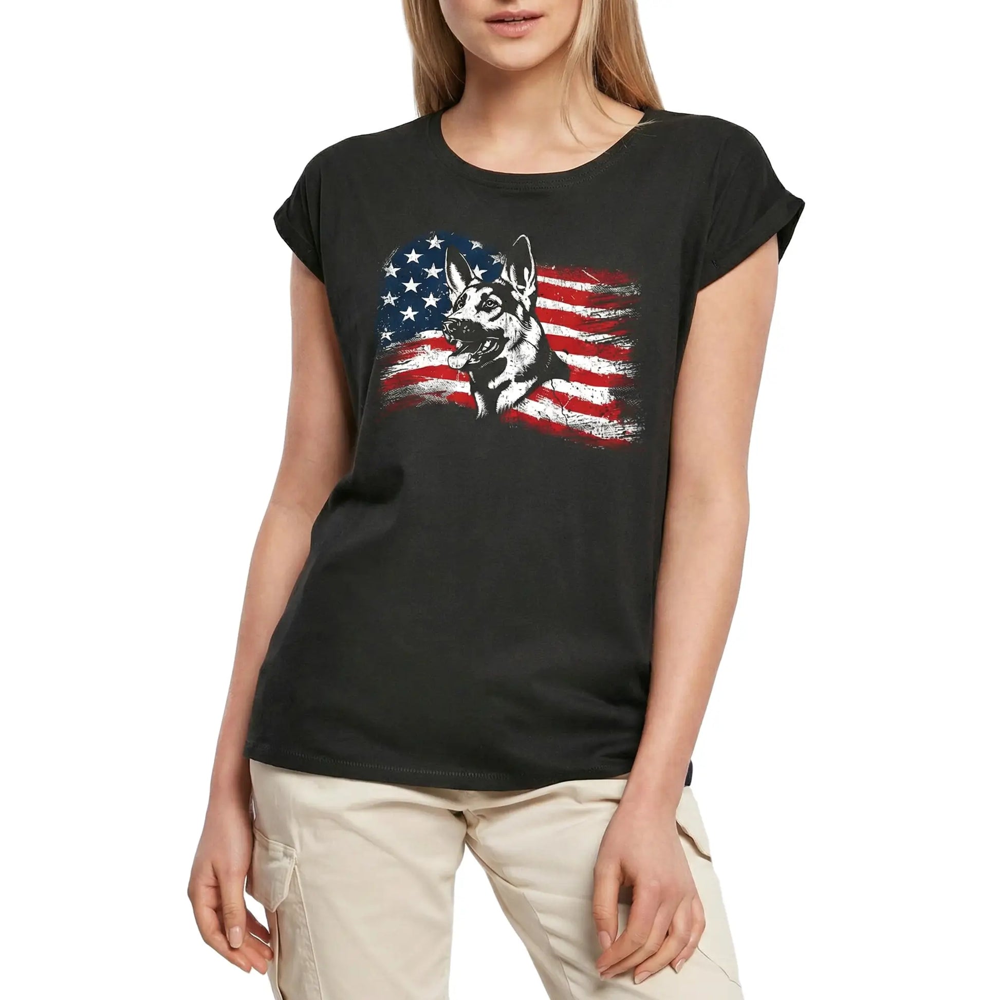 Women's Graphic T-Shirt American Flag German Shepherd Ladies Limited Edition Short Sleeve Tee-Shirt Vintage Birthday Gift Novelty