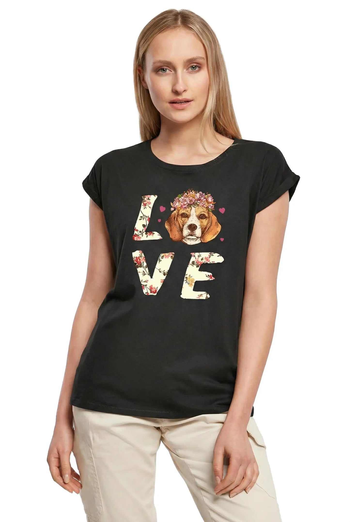 Women's Graphic T-Shirt Love Dogs - Cute Flower Ladies Limited Edition Short Sleeve Tee-Shirt Vintage Birthday Gift Novelty