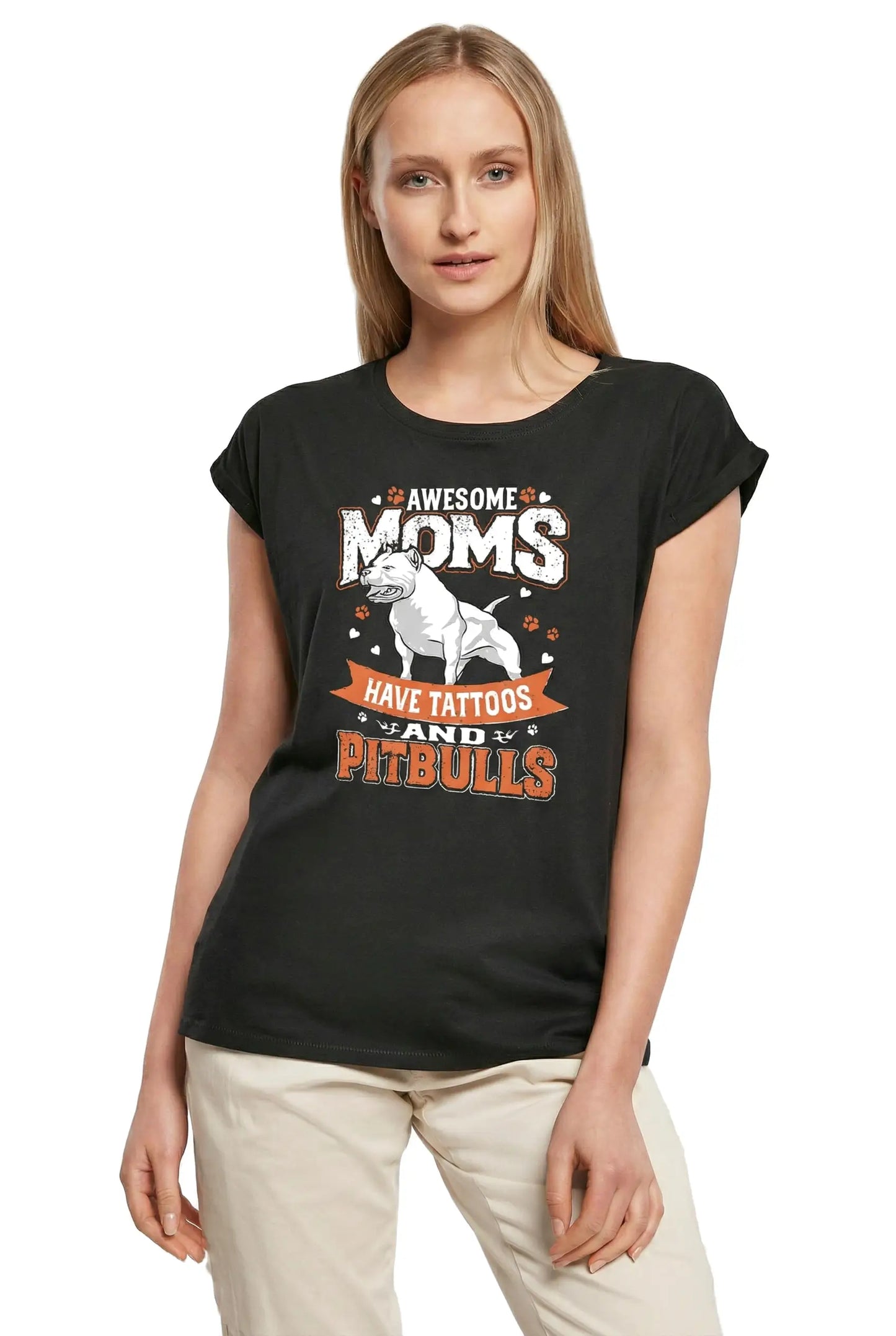 Women's Graphic T-Shirt Awesome Moms Have Tattoos And Pitbulls Ladies Limited Edition Short Sleeve Tee-Shirt Vintage Birthday Gift Novelty