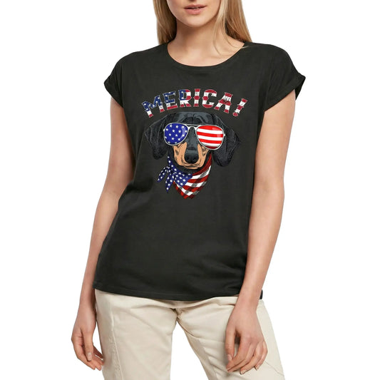 Women's Graphic T-Shirt Merica - Us Cute Dog Shirt - American Flag Ladies Limited Edition Short Sleeve Tee-Shirt Vintage Birthday Gift Novelty