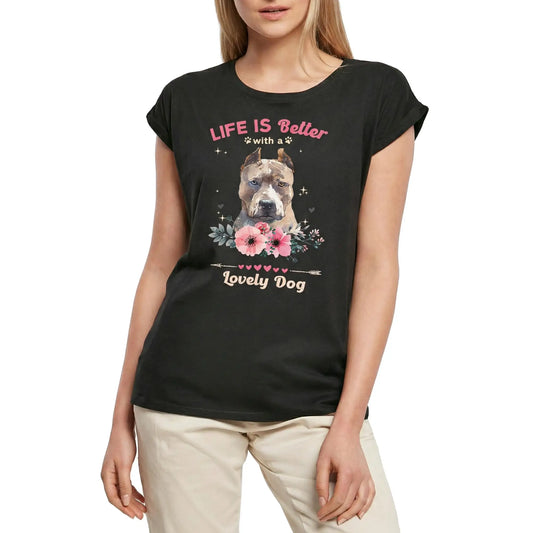 Women's Graphic T-Shirt Pitbull Life Is Better With A Lovely Dog Ladies Limited Edition Short Sleeve Tee-Shirt Vintage Birthday Gift Novelty