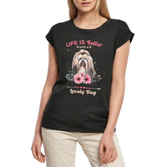 Women's Graphic T-Shirt Shih Tzu Life Is Better With A Lovely Dog Ladies Limited Edition Short Sleeve Tee-Shirt Vintage Birthday Gift Novelty