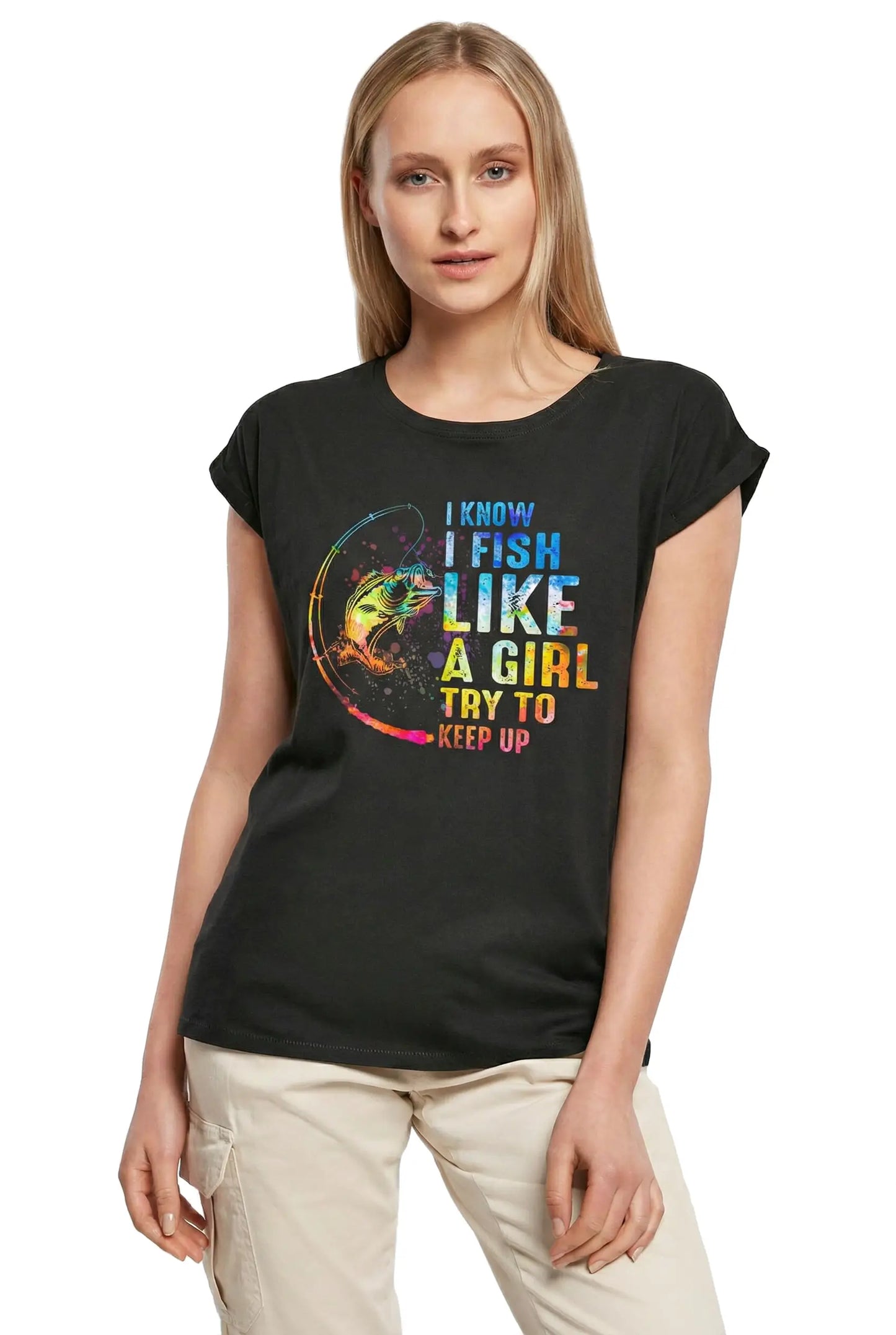 Women's Graphic T-Shirt I Know I Fish Like A Girl Try To Keep Up Fisherwoman Ladies Limited Edition Short Sleeve Tee-Shirt Vintage Birthday Gift Novelty