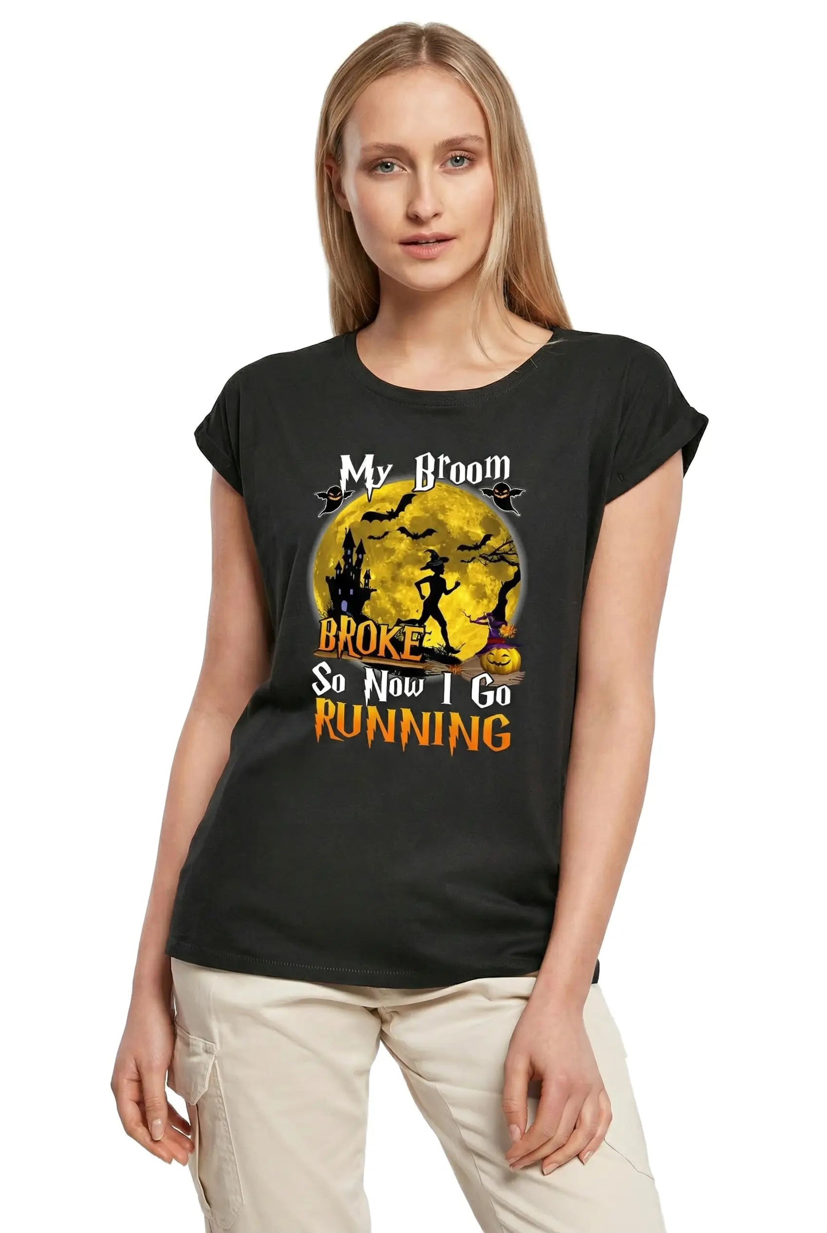 Women's Graphic T-Shirt My Broom Broke So Now I Go Running Ladies Limited Edition Short Sleeve Tee-Shirt Vintage Birthday Gift Novelty