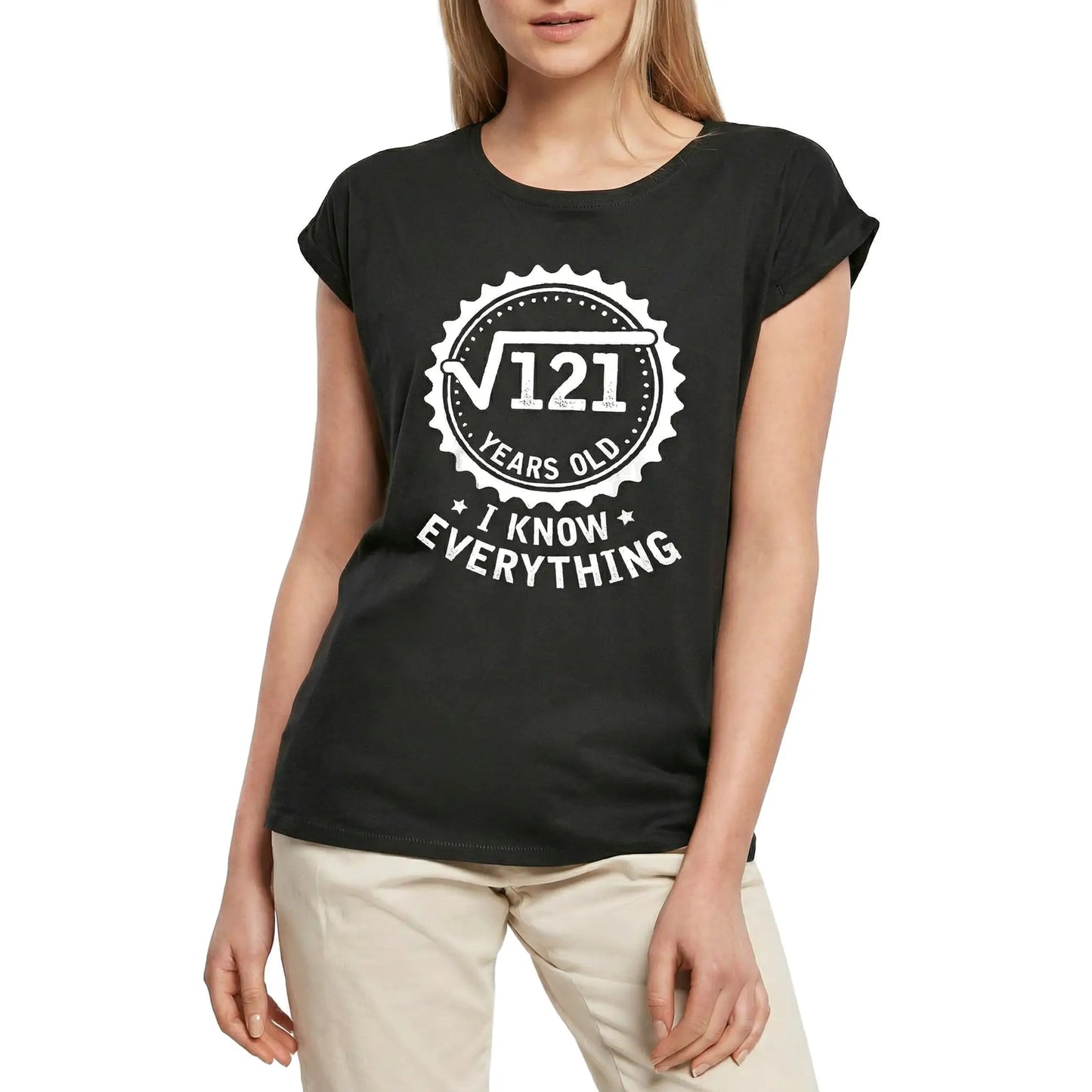 Women's Graphic T-Shirt Square Root 121 I Know Everything - Math Lover Teachers Ladies Limited Edition Short Sleeve Tee-Shirt Vintage Birthday Gift Novelty