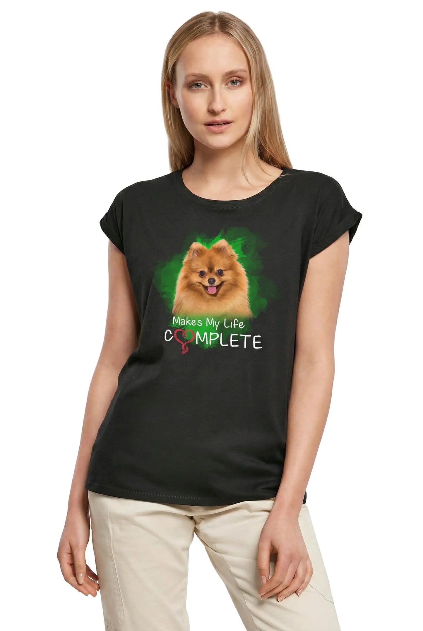 Women's Graphic T-Shirt Makes My Life Complete - Pomeranian Dog Lover Ladies Limited Edition Short Sleeve Tee-Shirt Vintage Birthday Gift Novelty