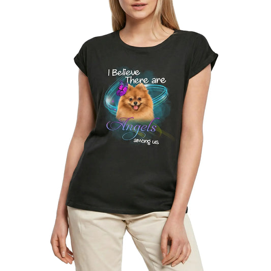 Women's Graphic T-Shirt I Believe There Are Angels Among Us - Pomeranian Dog Lover Ladies Limited Edition Short Sleeve Tee-Shirt Vintage Birthday Gift Novelty