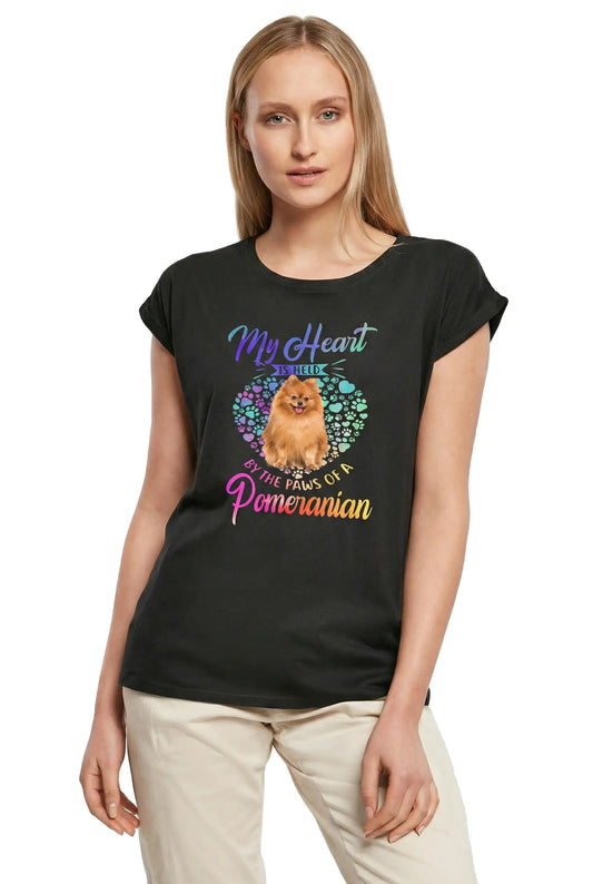 Women's Graphic T-Shirt My Heart Is Held By The Paws - Pomeranian Dog Lover Ladies Limited Edition Short Sleeve Tee-Shirt Vintage Birthday Gift Novelty