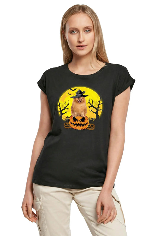 Women's Graphic T-Shirt Halloween - Pomeranian Dog Lover Ladies Limited Edition Short Sleeve Tee-Shirt Vintage Birthday Gift Novelty