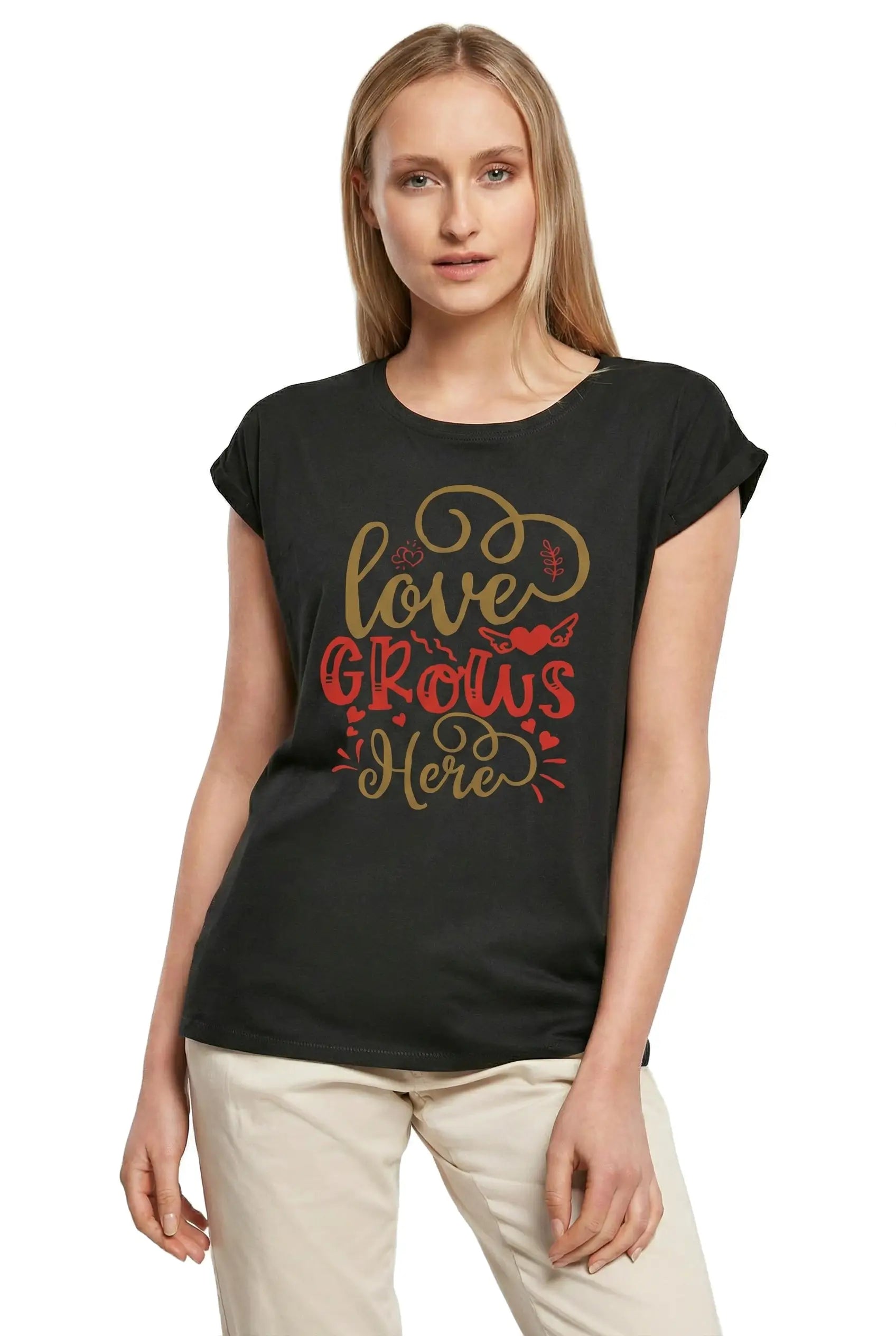 Women's Graphic T-Shirt Love Grows Here Ladies Limited Edition Short Sleeve Tee-Shirt Vintage Birthday Gift Novelty