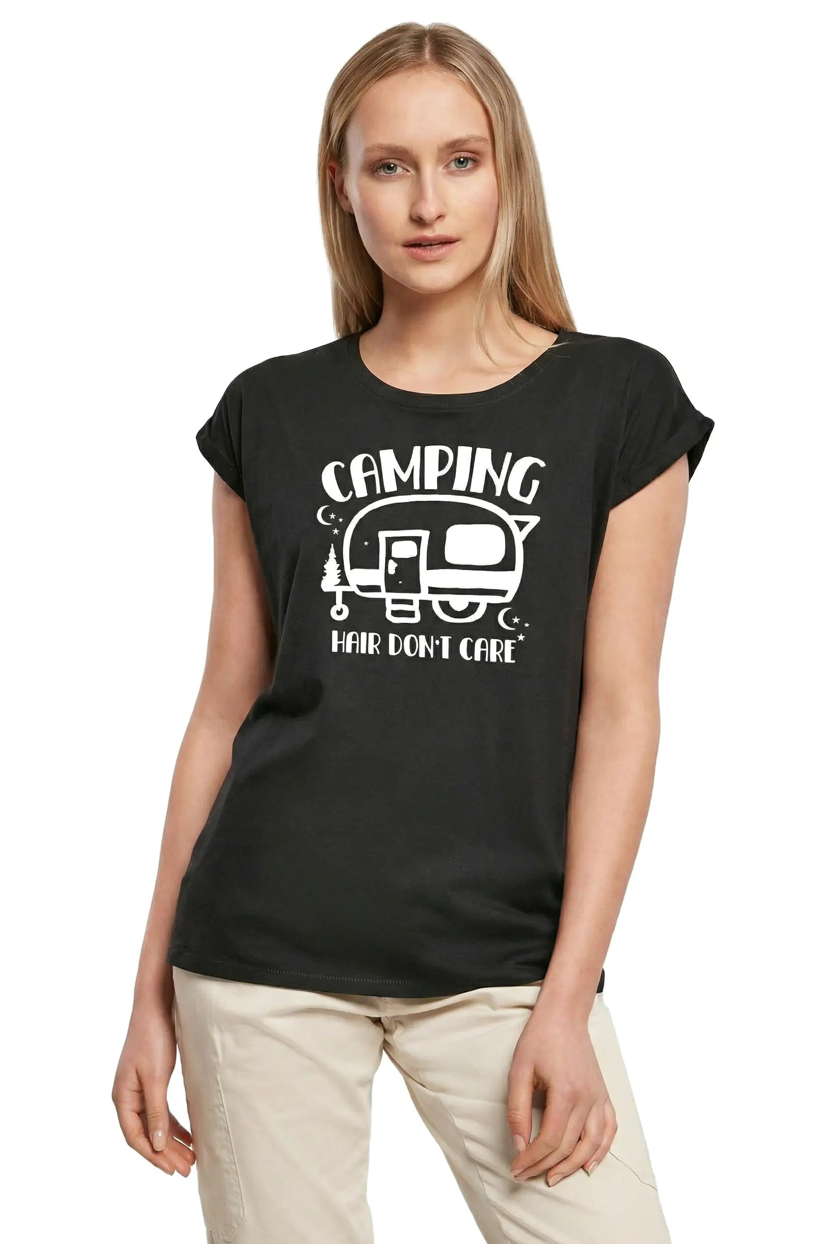 Women's Graphic T-Shirt Camping Hair Don't Care - Camp Ladies Limited Edition Short Sleeve Tee-Shirt Vintage Birthday Gift Novelty