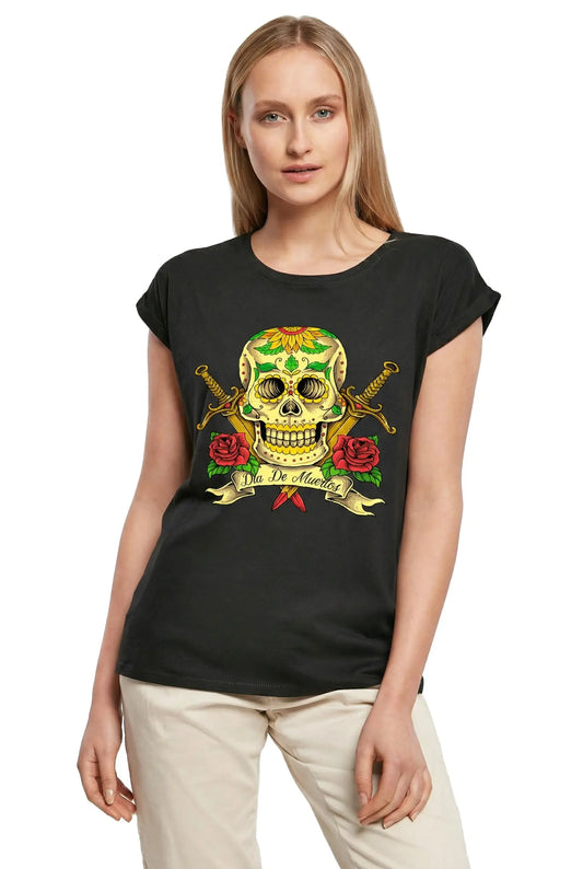 Women's Graphic T-Shirt Lady Skull With Flowers - Golden Swords Ladies Limited Edition Short Sleeve Tee-Shirt Vintage Birthday Gift Novelty