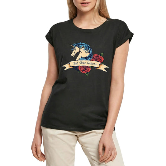 Women's Graphic T-Shirt First Born Unicorn - Red Roses Ladies Limited Edition Short Sleeve Tee-Shirt Vintage Birthday Gift Novelty