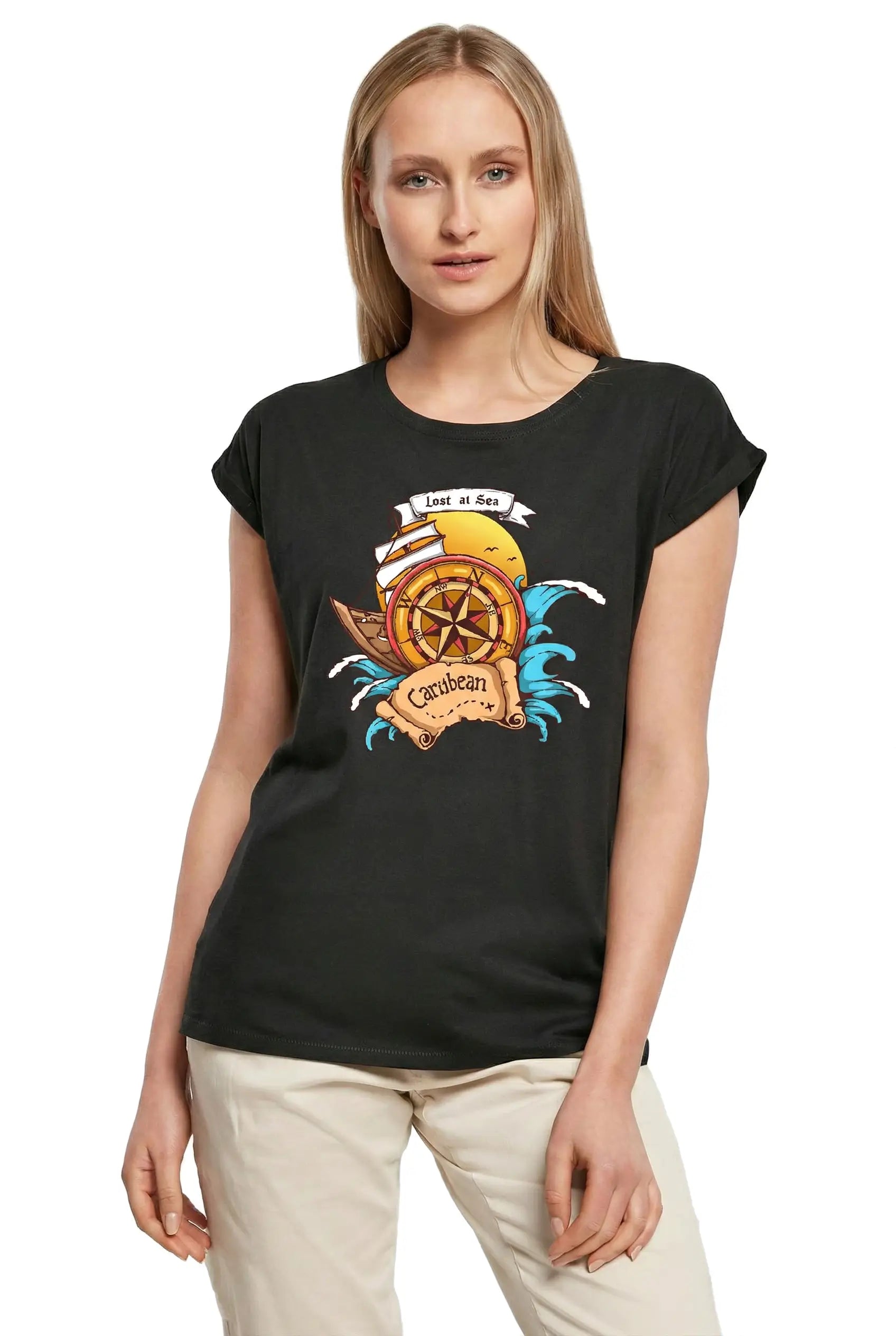 Women's Graphic T-Shirt Lost At Sea Carribean - Sailor Compass - Sea Love Ladies Limited Edition Short Sleeve Tee-Shirt Vintage Birthday Gift Novelty