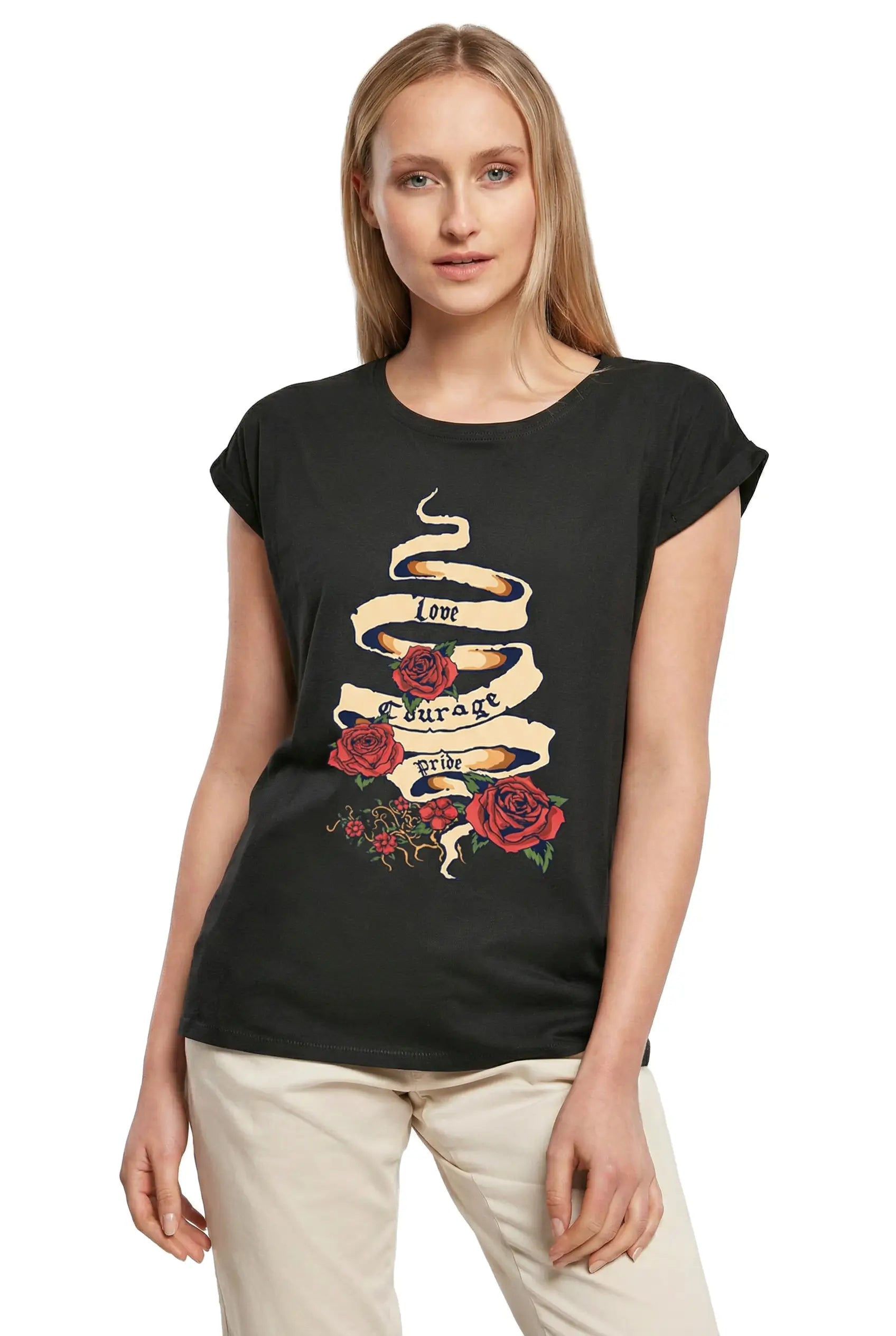 Women's Graphic T-Shirt Love Courage Pride - Red Roses Ladies Limited Edition Short Sleeve Tee-Shirt Vintage Birthday Gift Novelty