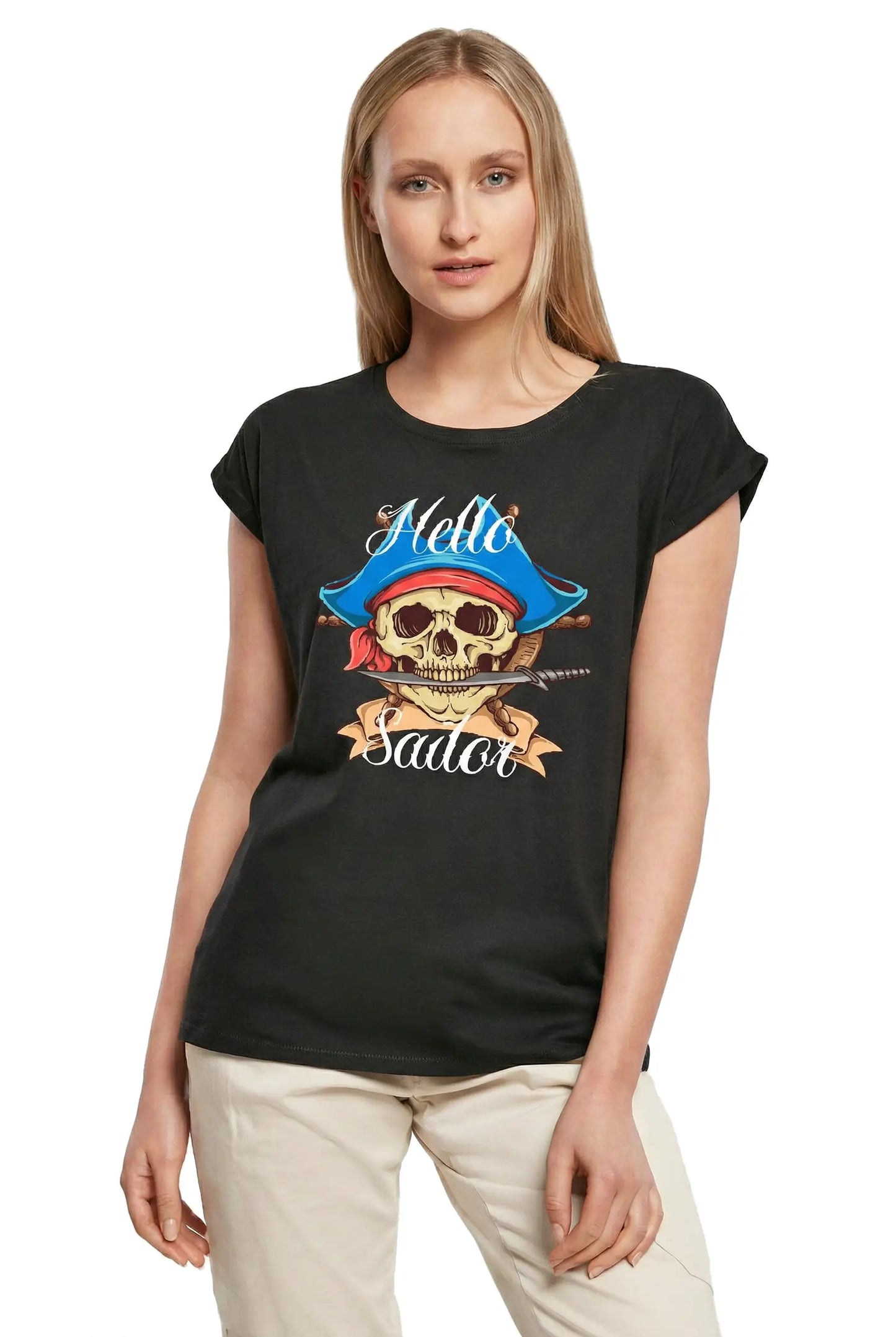 Women's Graphic T-Shirt Hello Sailor - Pirate Scary Skull Ladies Limited Edition Short Sleeve Tee-Shirt Vintage Birthday Gift Novelty