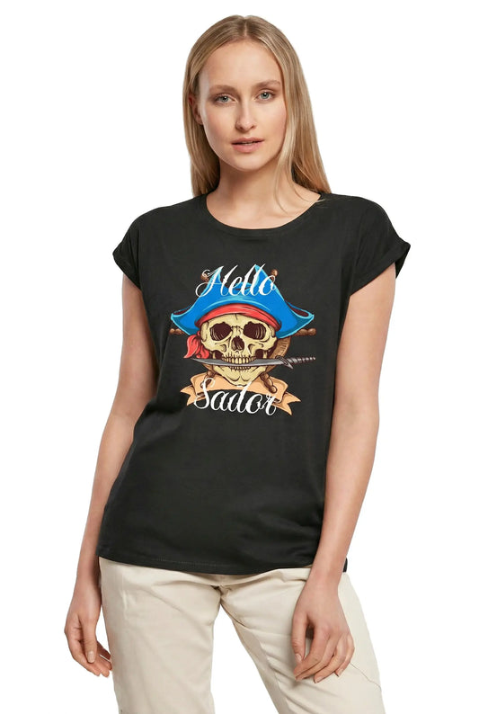 Women's Graphic T-Shirt Hello Sailor - Pirate Scary Skull Ladies Limited Edition Short Sleeve Tee-Shirt Vintage Birthday Gift Novelty