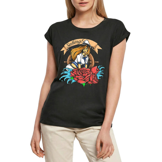 Women's Graphic T-Shirt Sailor Girl - Sailing - Sea Love - Red Roses Ladies Limited Edition Short Sleeve Tee-Shirt Vintage Birthday Gift Novelty