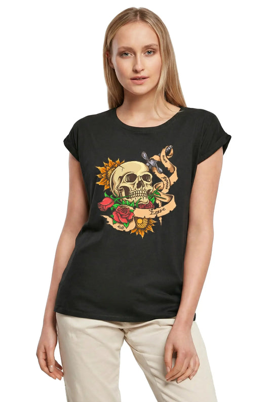 Women's Graphic T-Shirt War Peace Love Kill - Scary Skull With Red Roses Ladies Limited Edition Short Sleeve Tee-Shirt Vintage Birthday Gift Novelty