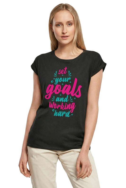 Women's Graphic T-Shirt Set Your Goals And Working Hard Ladies Limited Edition Short Sleeve Tee-Shirt Vintage Birthday Gift Novelty