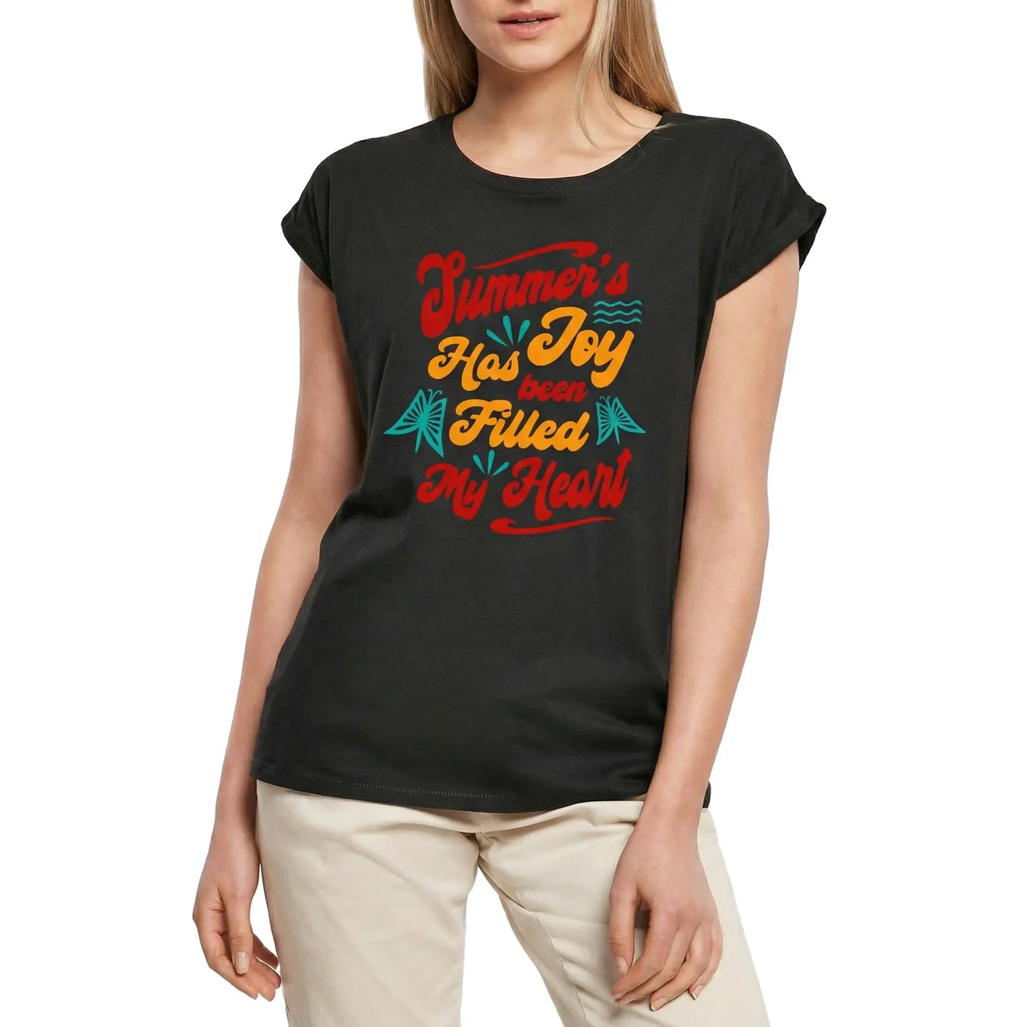 Women's Graphic T-Shirt Quote Summer's Joy Has Been Filled My Heart Ladies Limited Edition Short Sleeve Tee-Shirt Vintage Birthday Gift Novelty
