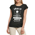 Women's Graphic T-Shirt Wake Up Drink Coffee Raise Babiese Hustle Repeat Ladies Limited Edition Short Sleeve Tee-Shirt Vintage Birthday Gift Novelty