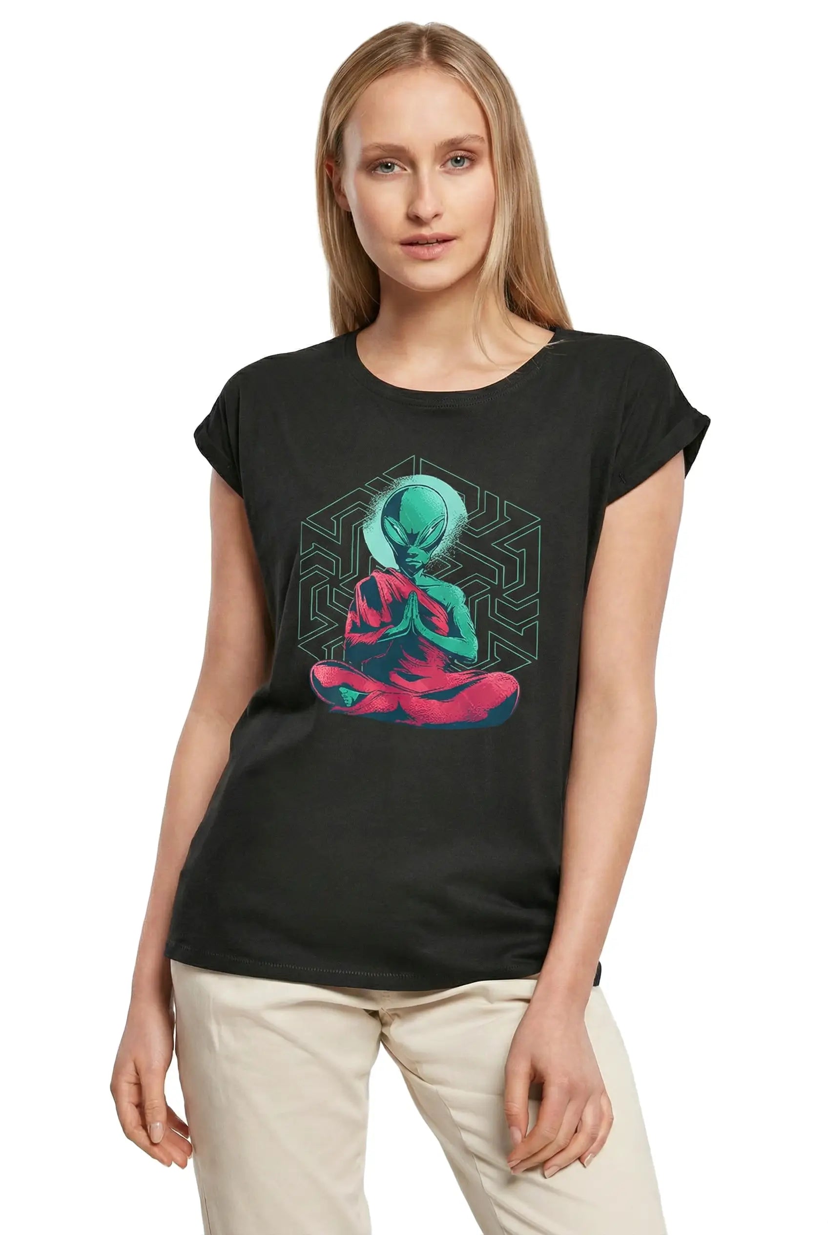 Women's Graphic T-Shirt Alien Meditation Yoga Funny Ladies Limited Edition Short Sleeve Tee-Shirt Vintage Birthday Gift Novelty