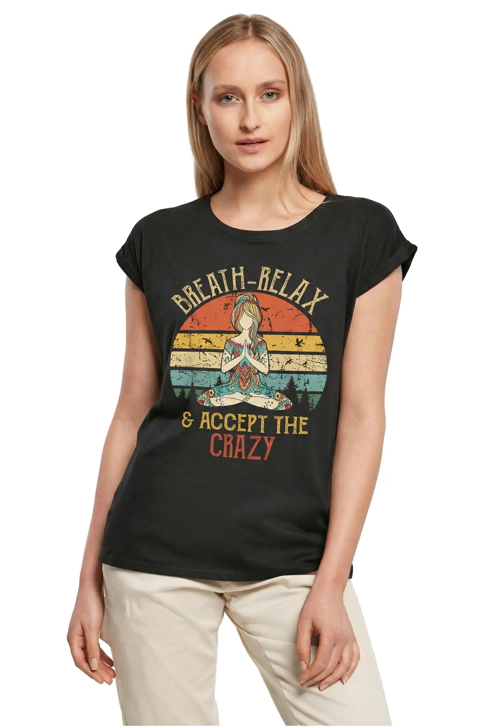 Women's Graphic T-Shirt Breath Relax Accept The Crazy - Spiritual Meditation Ladies Limited Edition Short Sleeve Tee-Shirt Vintage Birthday Gift Novelty