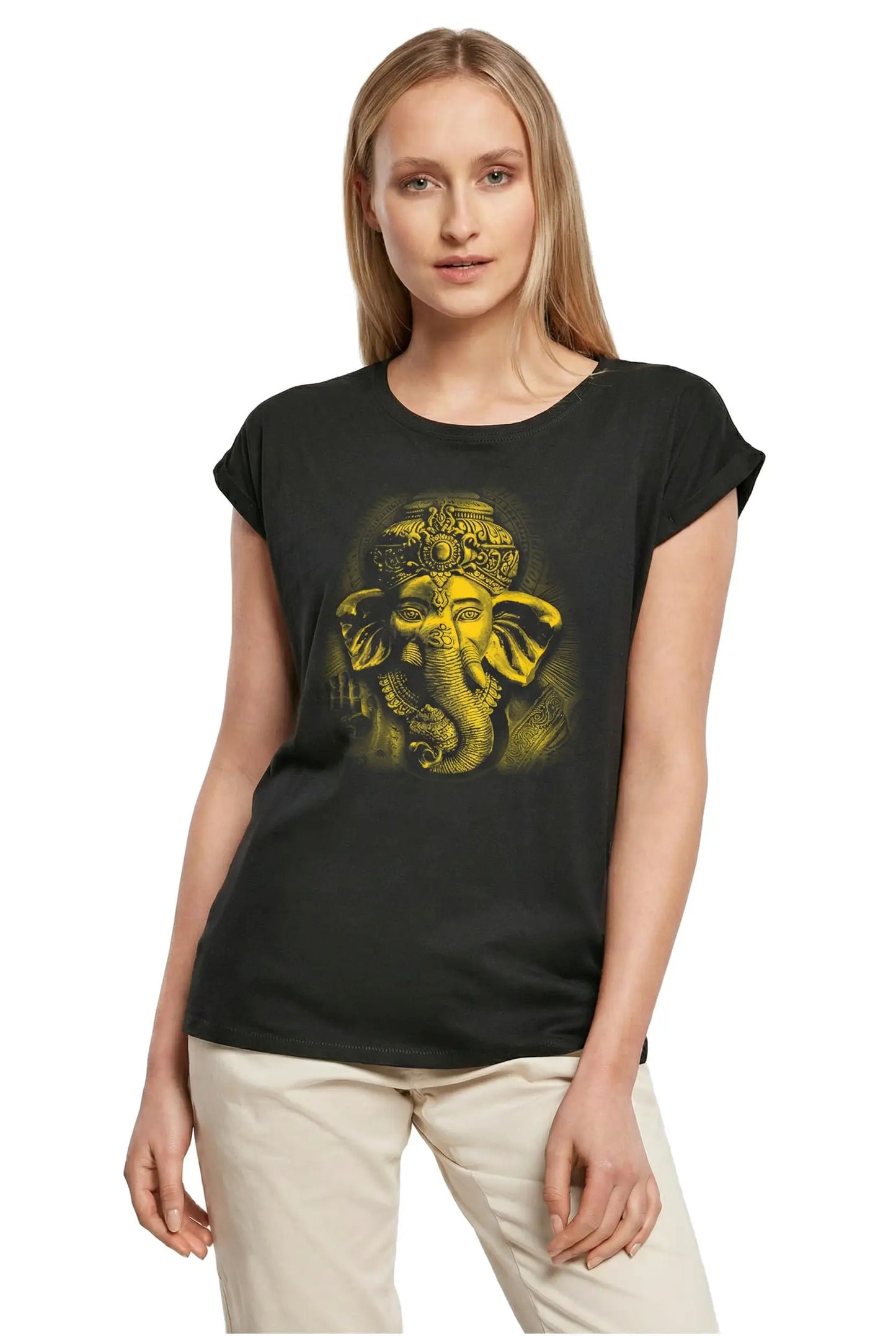 Women's Graphic T-Shirt Gold Ganesh Yoga - Spiritual Meditation Ladies Limited Edition Short Sleeve Tee-Shirt Vintage Birthday Gift Novelty