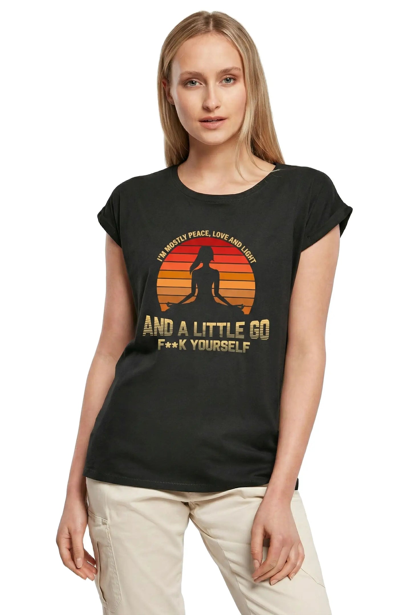 Women's Graphic T-Shirt I'm Mostly Peace Love And Light - Retro Funny Yoga Ladies Limited Edition Short Sleeve Tee-Shirt Vintage Birthday Gift Novelty