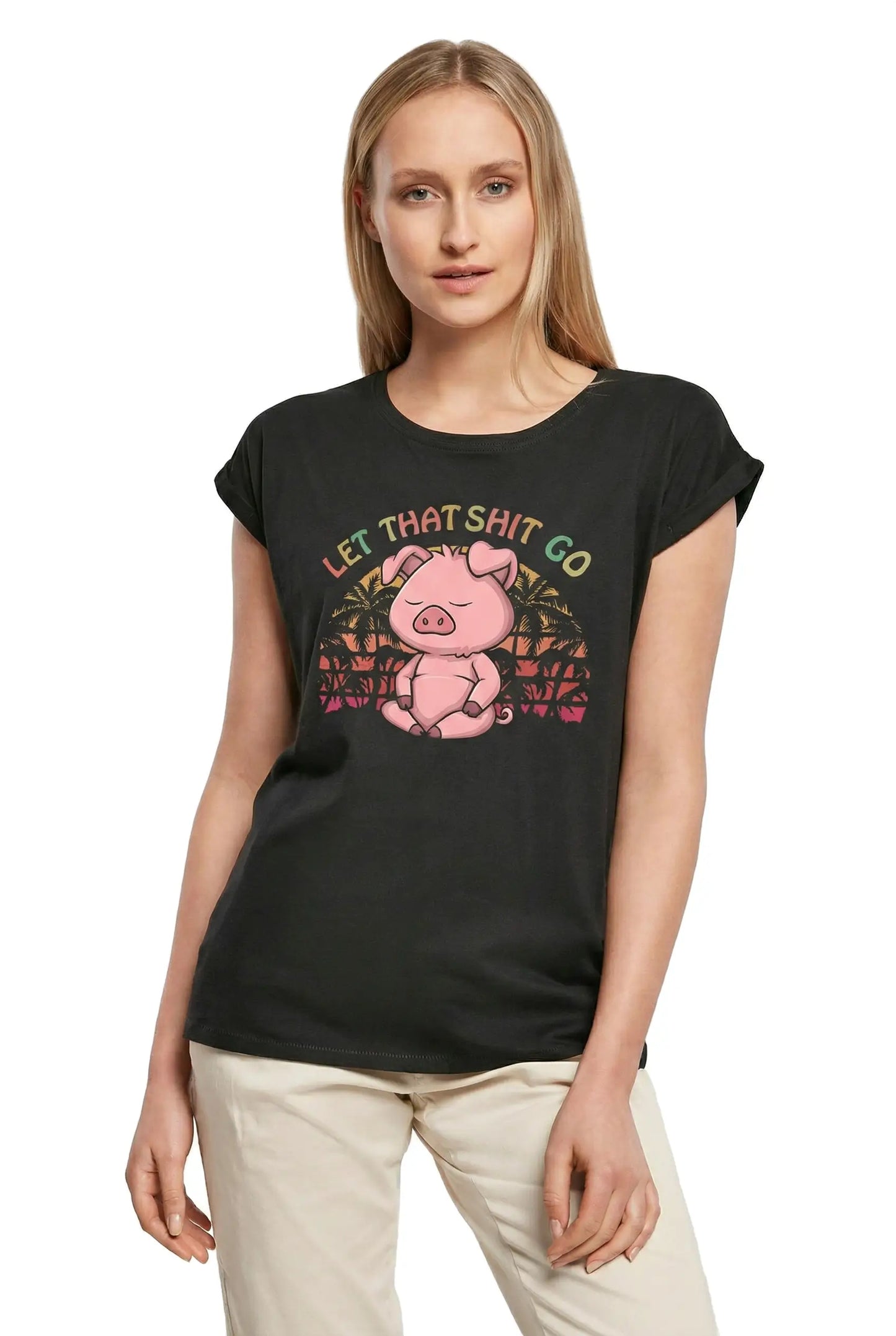 Women's Graphic T-Shirt Farm Pig Let That Shit Go Yoga Peace Ladies Limited Edition Short Sleeve Tee-Shirt Vintage Birthday Gift Novelty