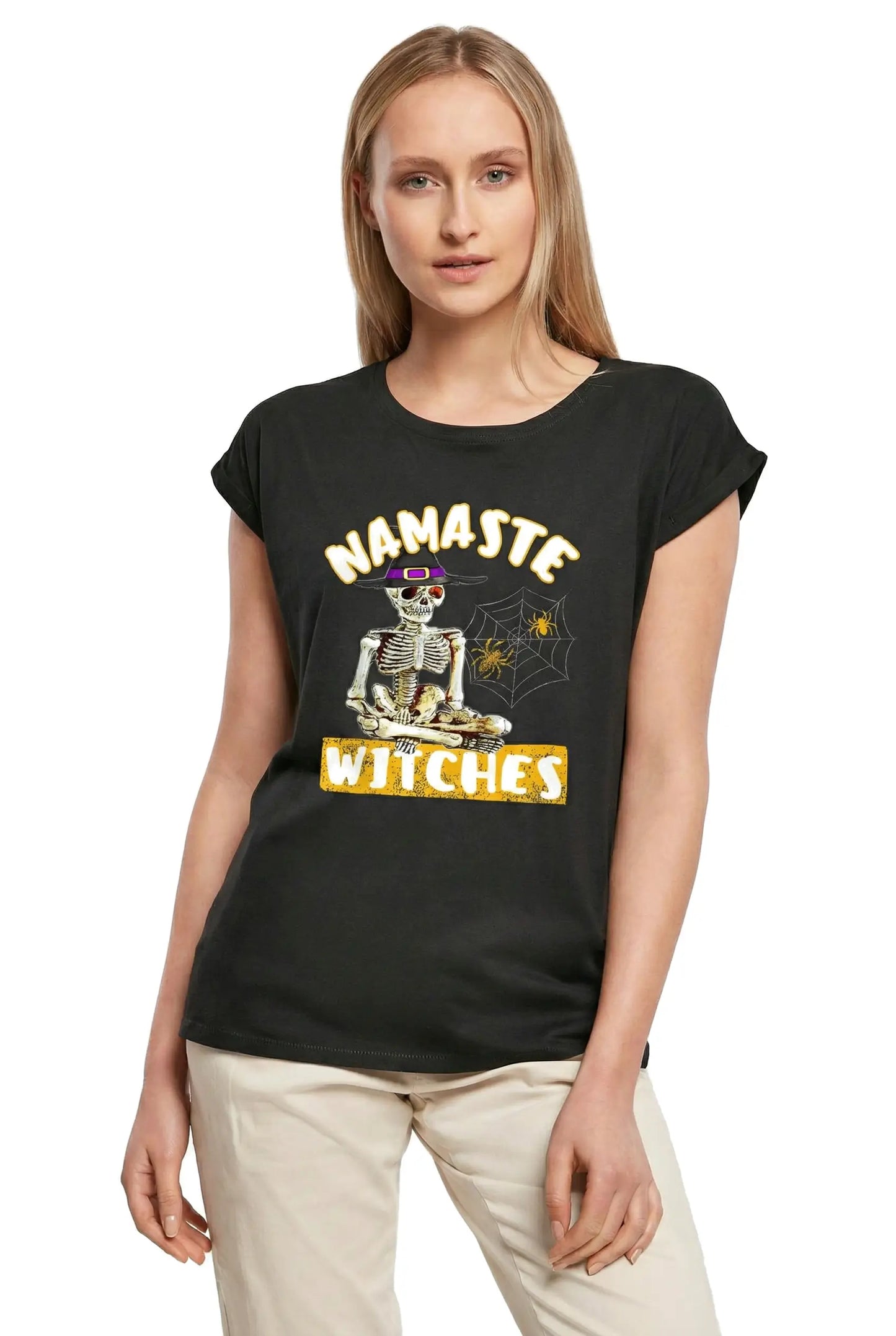 Women's Graphic T-Shirt Namaste Witches Yoga Peace Ladies Limited Edition Short Sleeve Tee-Shirt Vintage Birthday Gift Novelty