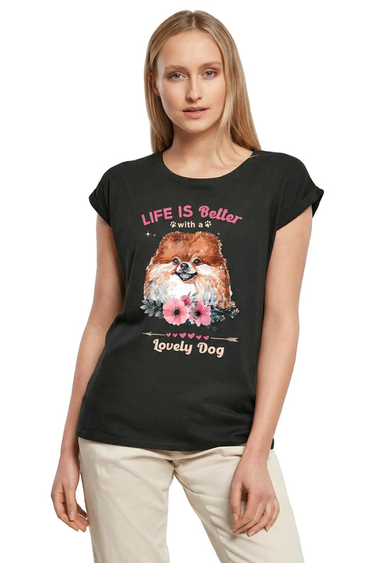 Women's Graphic T-Shirt Life Is Better With A Lovely Dog Pomeranian Dog Lover Ladies Limited Edition Short Sleeve Tee-Shirt Vintage Birthday Gift Novelty